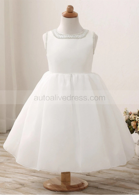 Beaded Ivory Satin Organza Simple Flower Girl Dress